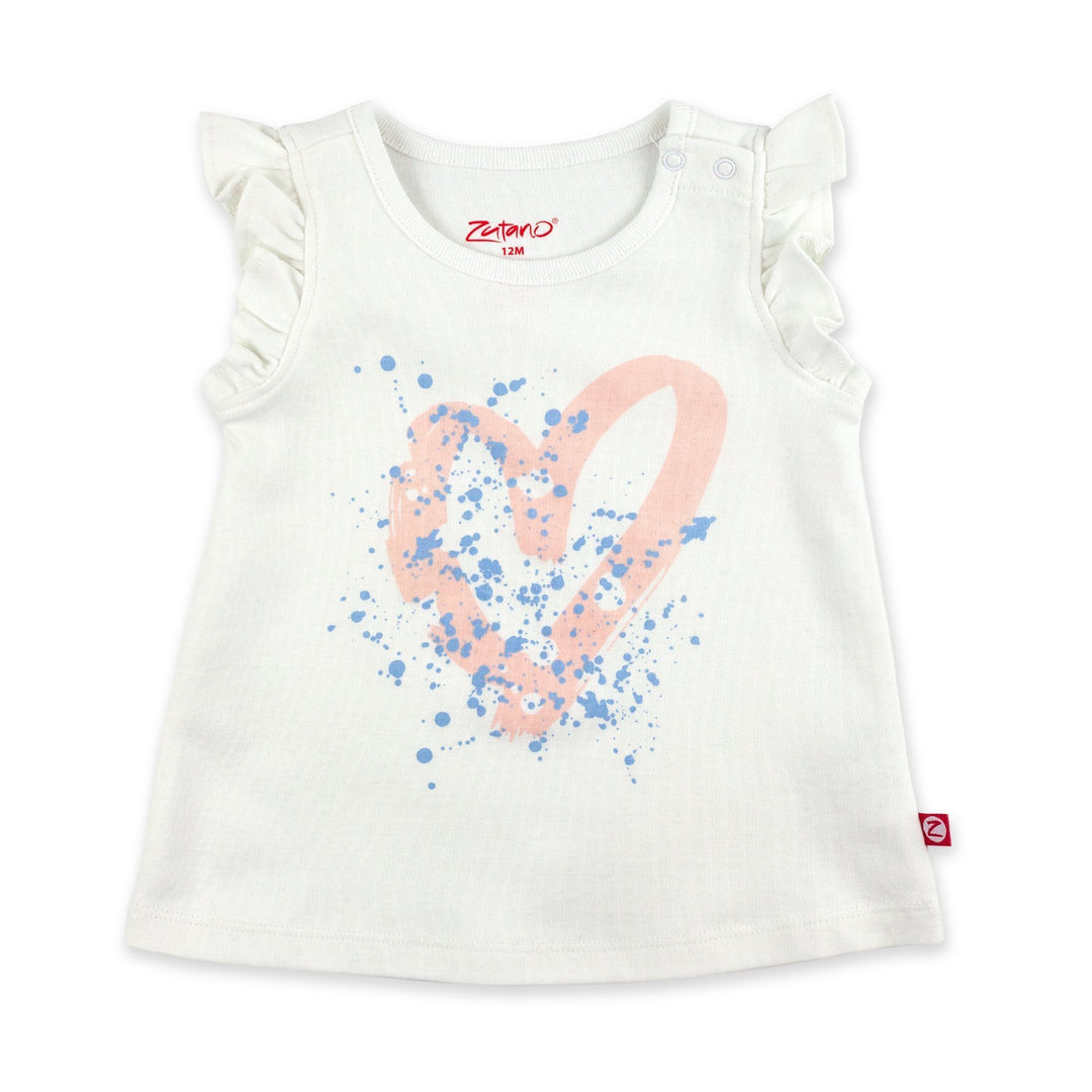 White organic cotton flutter sleeve top with a heart print and blue paint splatter details.