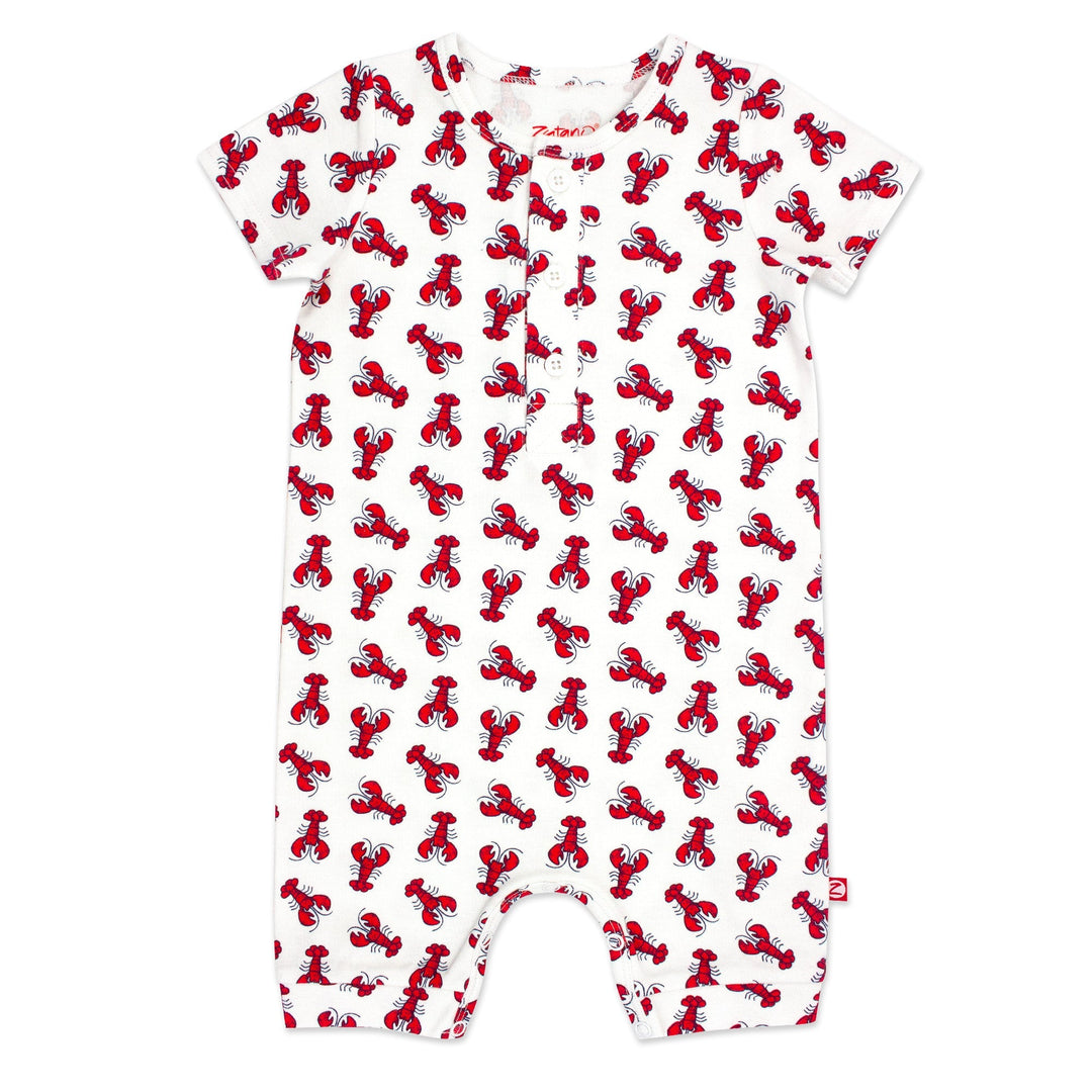Organic cotton henley bodysuit with a lobster print, short sleeves, and a snap opening at the bottom.