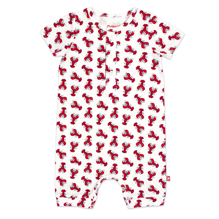 Organic cotton henley bodysuit with a lobster print, short sleeves, and a snap opening at the bottom.