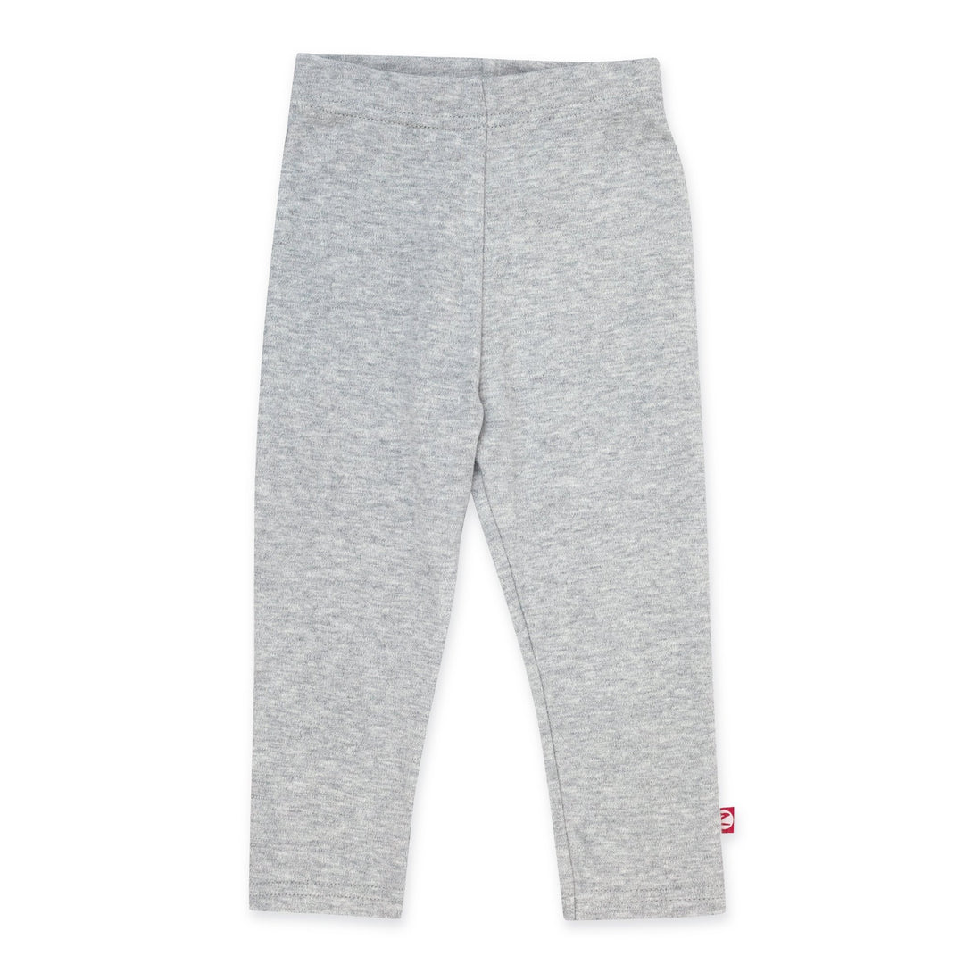 A pair of heather gray organic cotton leggings for kids, with a thick elastic waist band, laid flat on a white background.