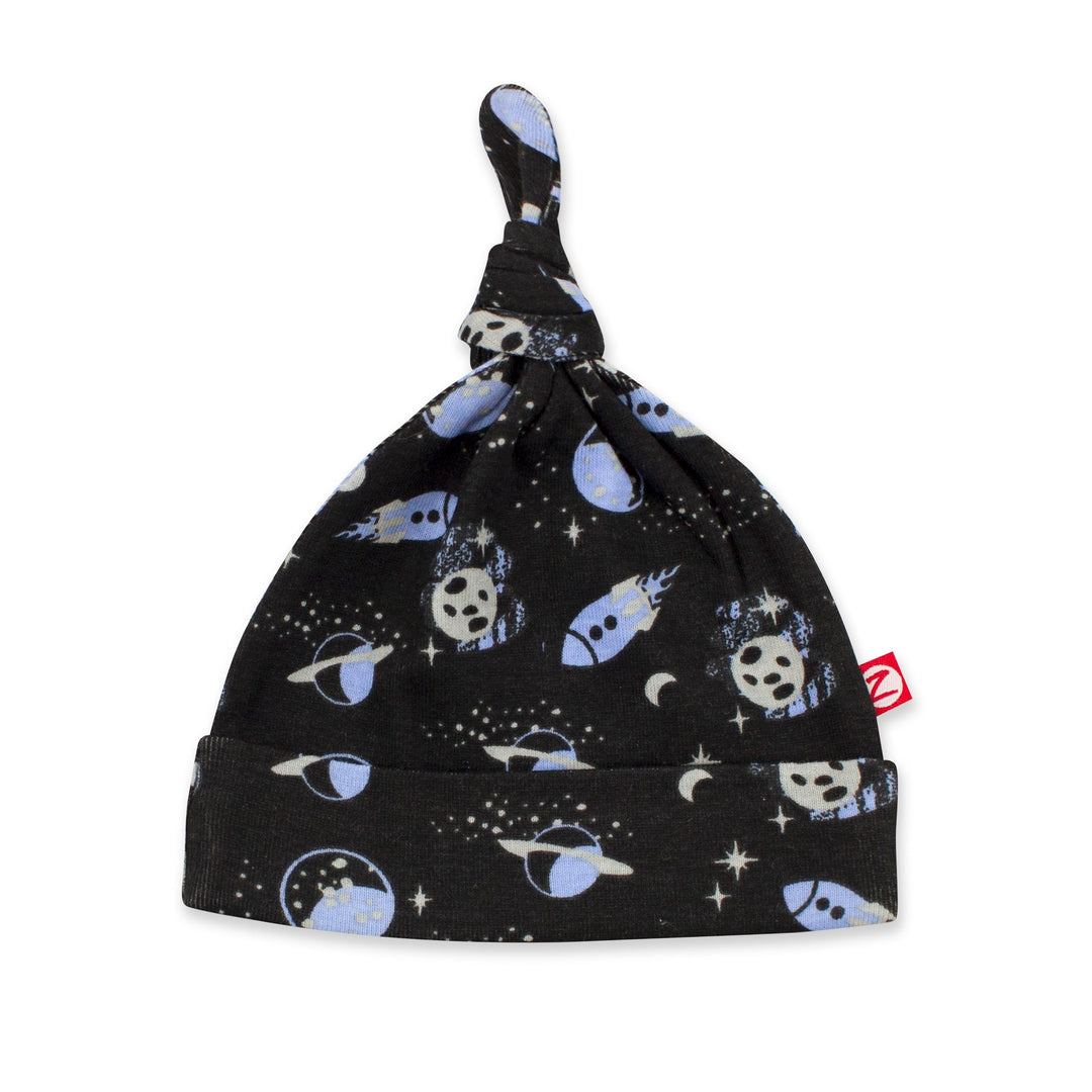 Organic cotton rib knot hat with a space-themed print, predominantly black with blue and white accents.