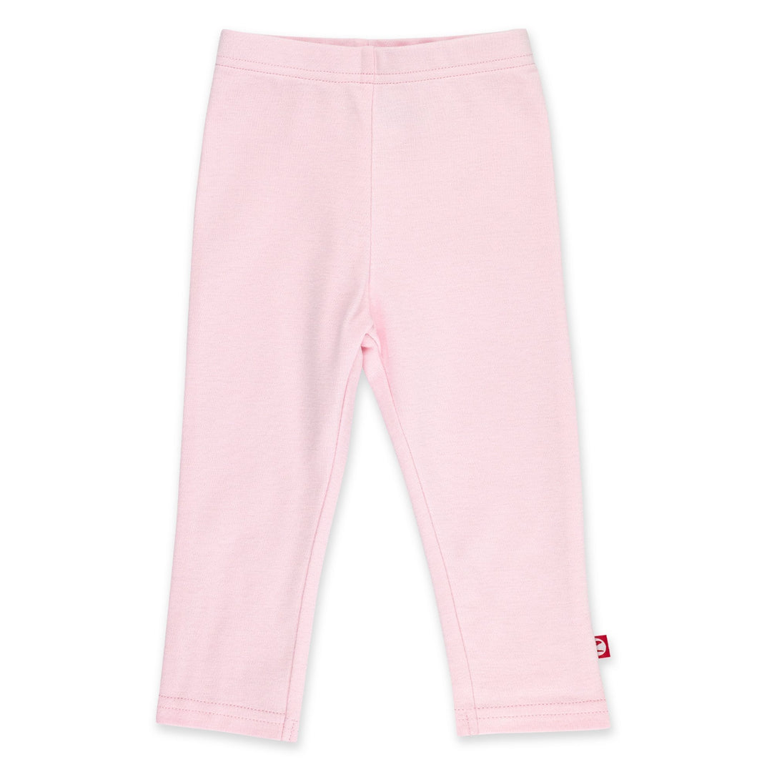 A pair of baby pink organic cotton leggings with a thick elastic waist band, laid flat.