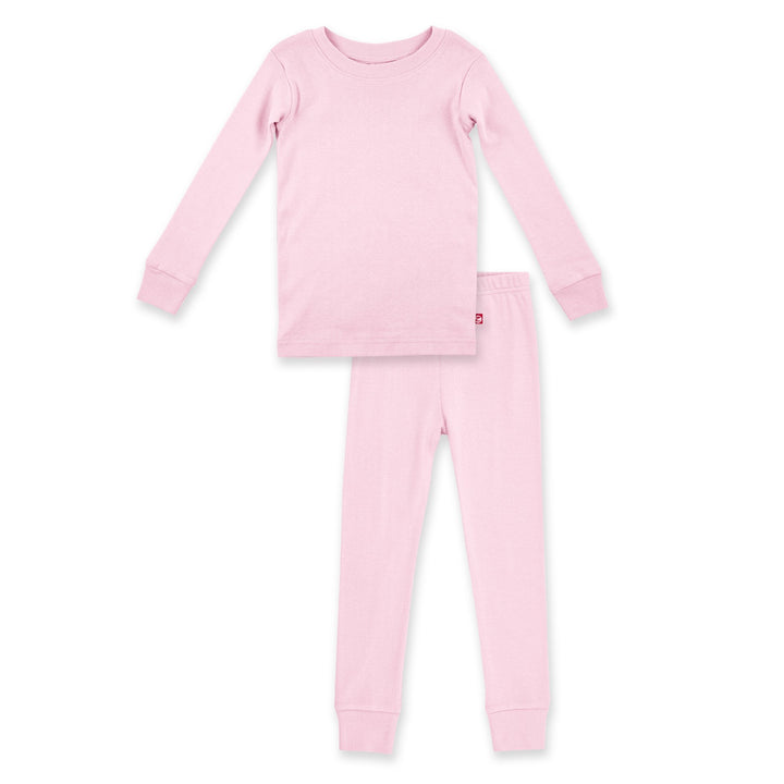 A two-piece baby pink pajama set for children, including a long-sleeved top and matching pants with rib cuffs and an elastic waistband.
