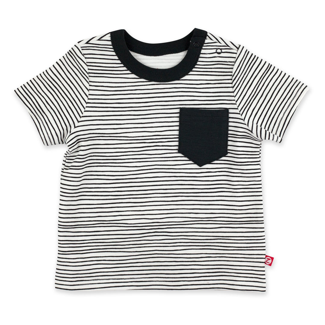 A short sleeve baby tee with black and white pencil stripes featuring a contrasting black pocket and a thick collar.