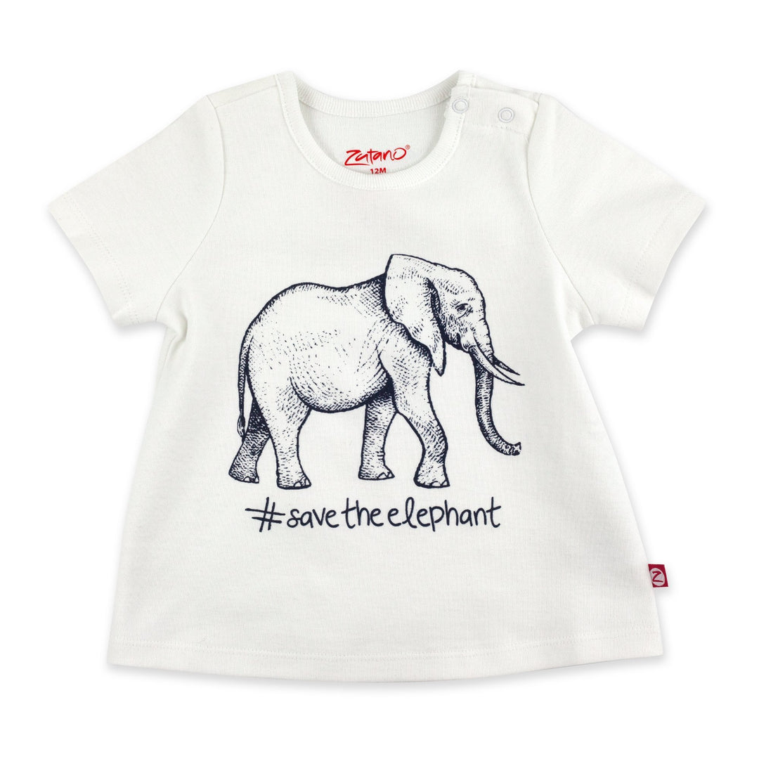 White short sleeve swing top with a navy save the elephant screen print and a snap shoulder opening.