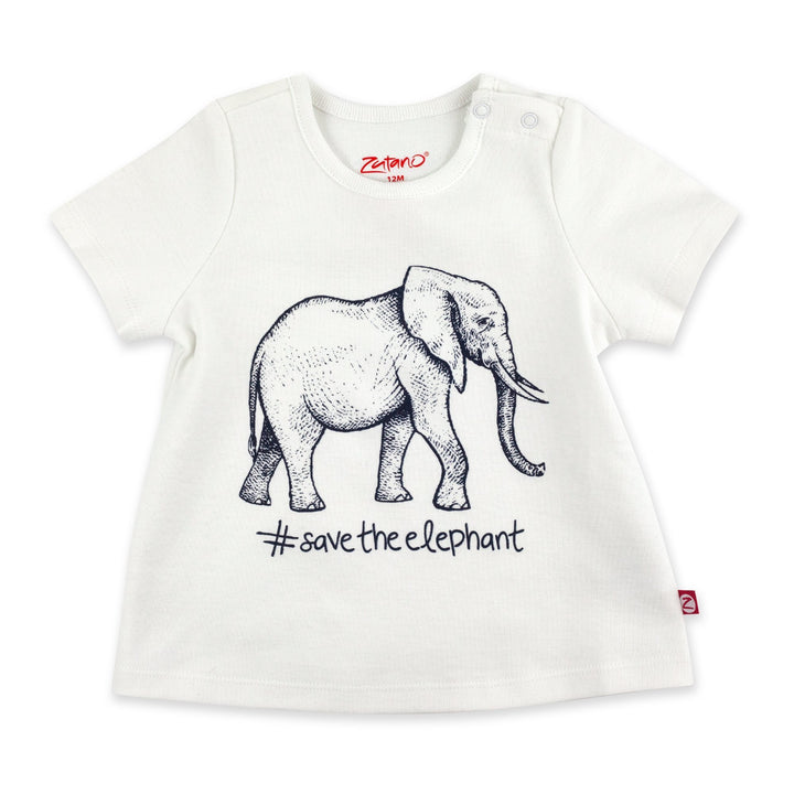 White short sleeve swing top with a navy save the elephant screen print and a snap shoulder opening.