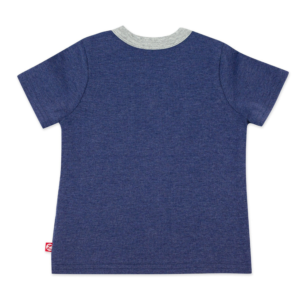 Navy colored organic cotton baby tee with a contrasting gray collar and front pocket.