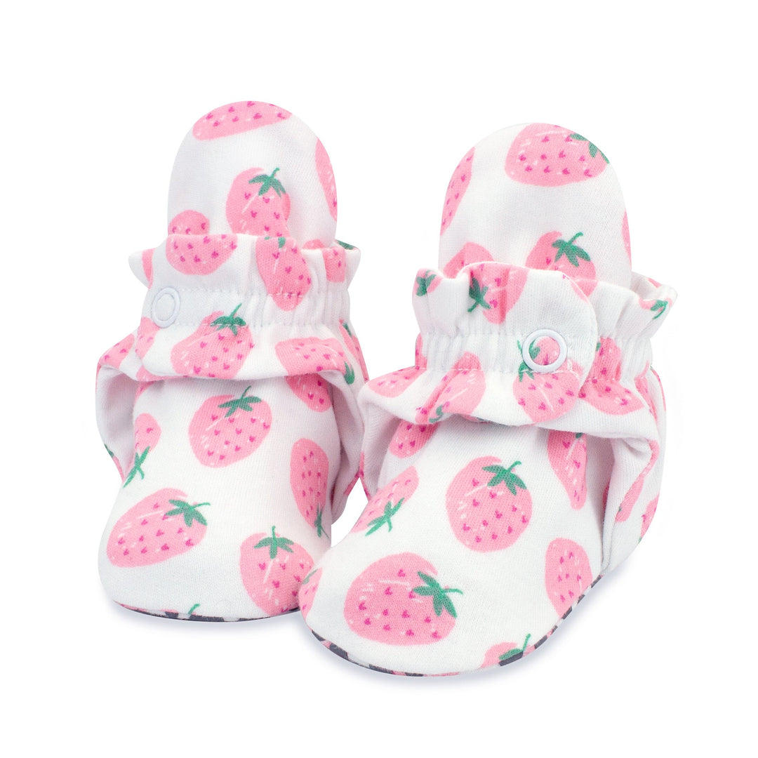 Strawberries print baby booties made with organic cotton.