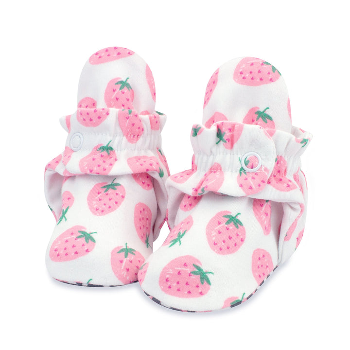 Strawberries print baby booties made with organic cotton.
