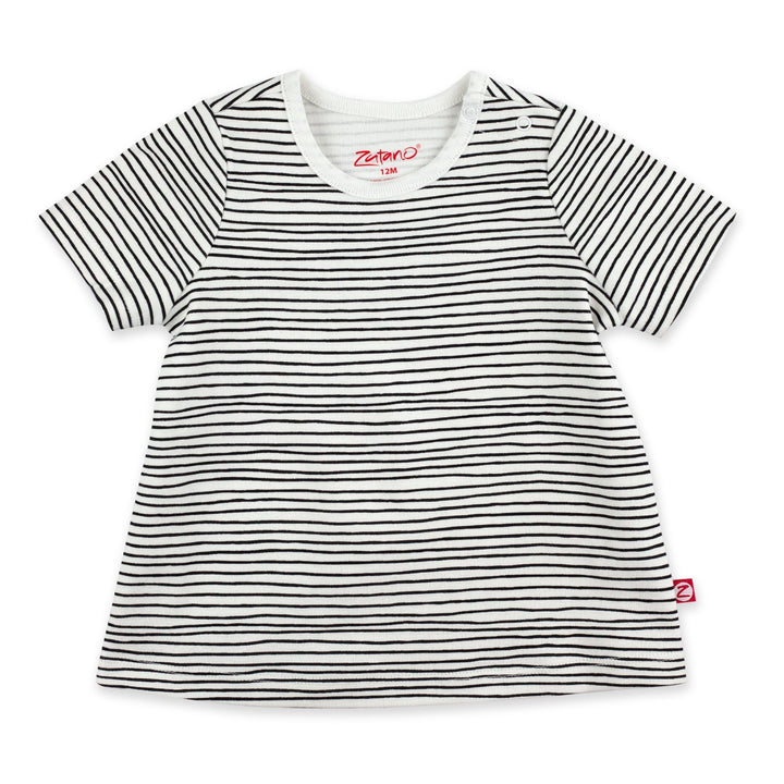 A black and white striped organic cotton short sleeve swing top for baby girls.