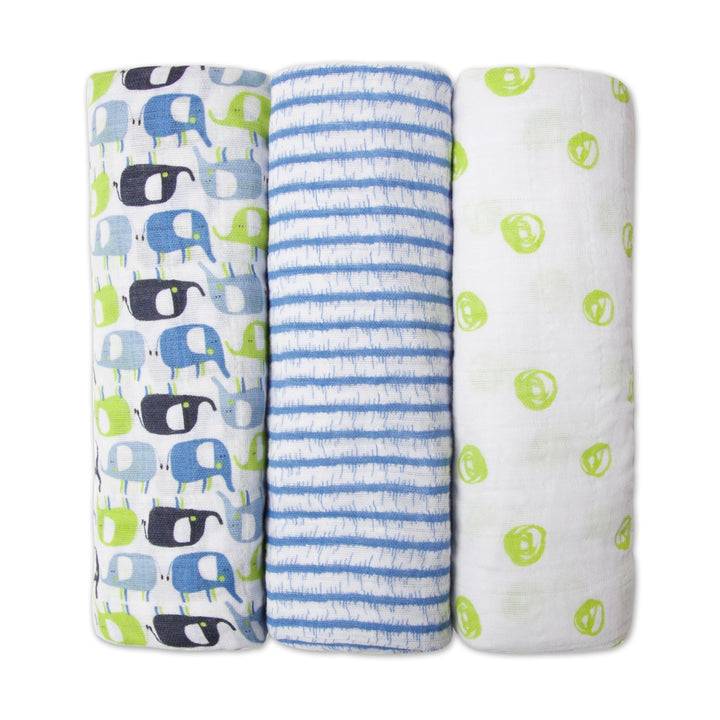 A set of three folded swaddle blankets with patterns: one with blue elephants, one with blue and white stripes, and one with green dots on a white background.