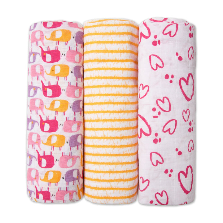 Three rolled-up swaddle blankets with visible patterns, including one with colorful elephants, one with orange stripes, and one with pink hearts.