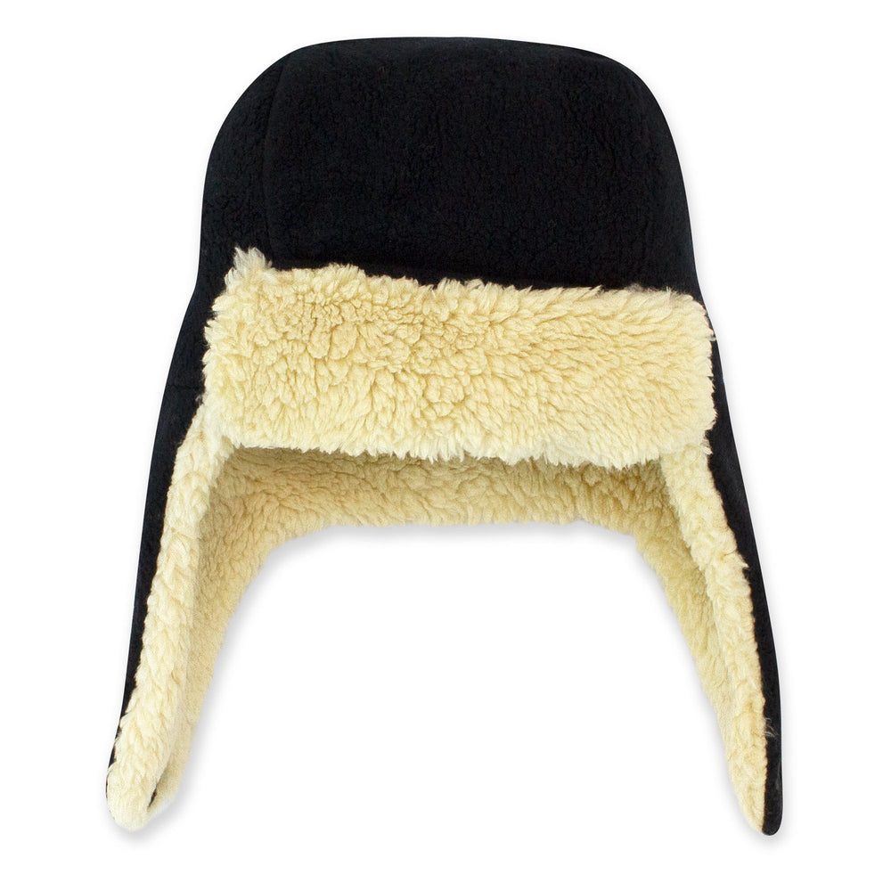 Trapper hat with a soft furry lining and straps velcroing under the chin, displayed on a white background.