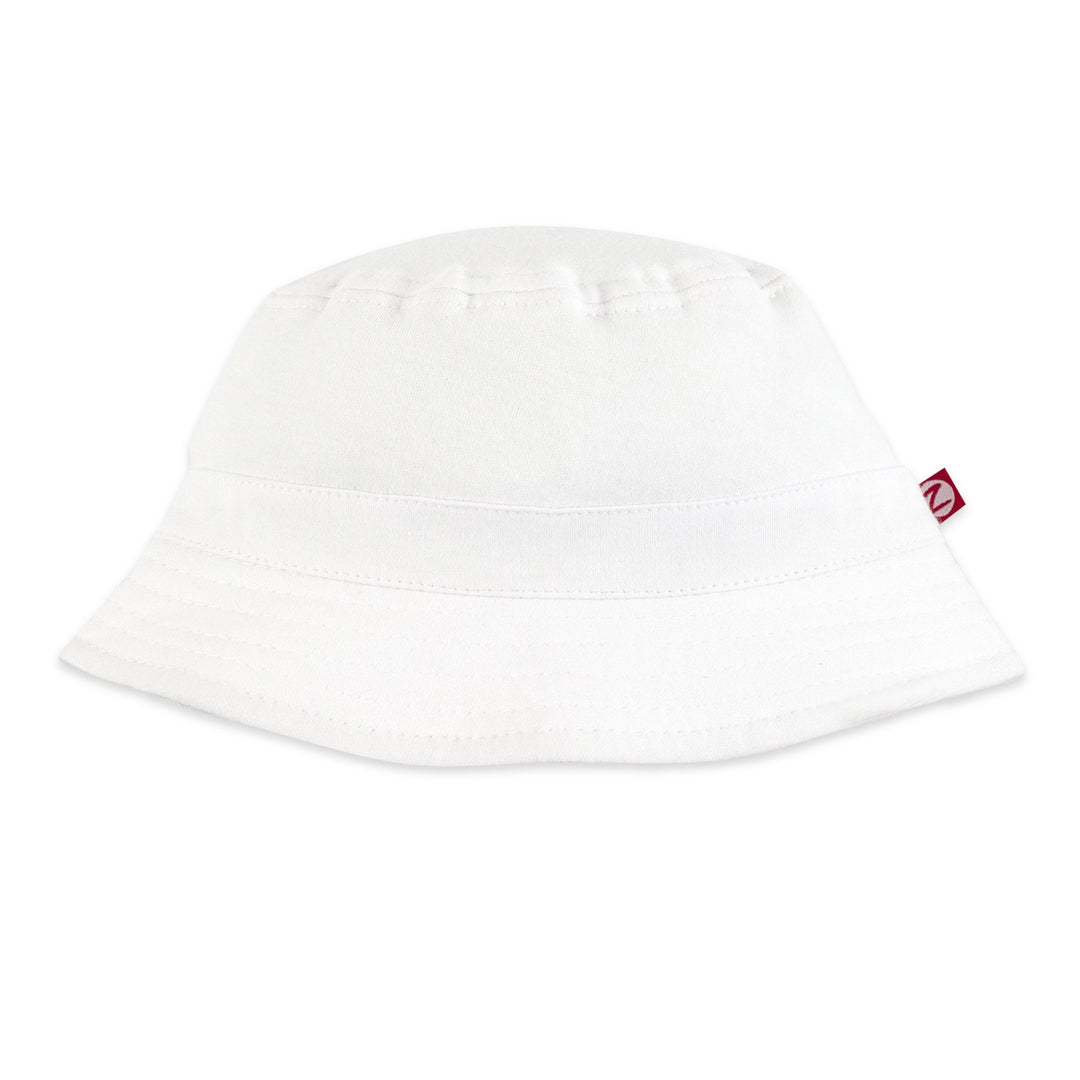 A white cotton bucket sun hat with a brim.