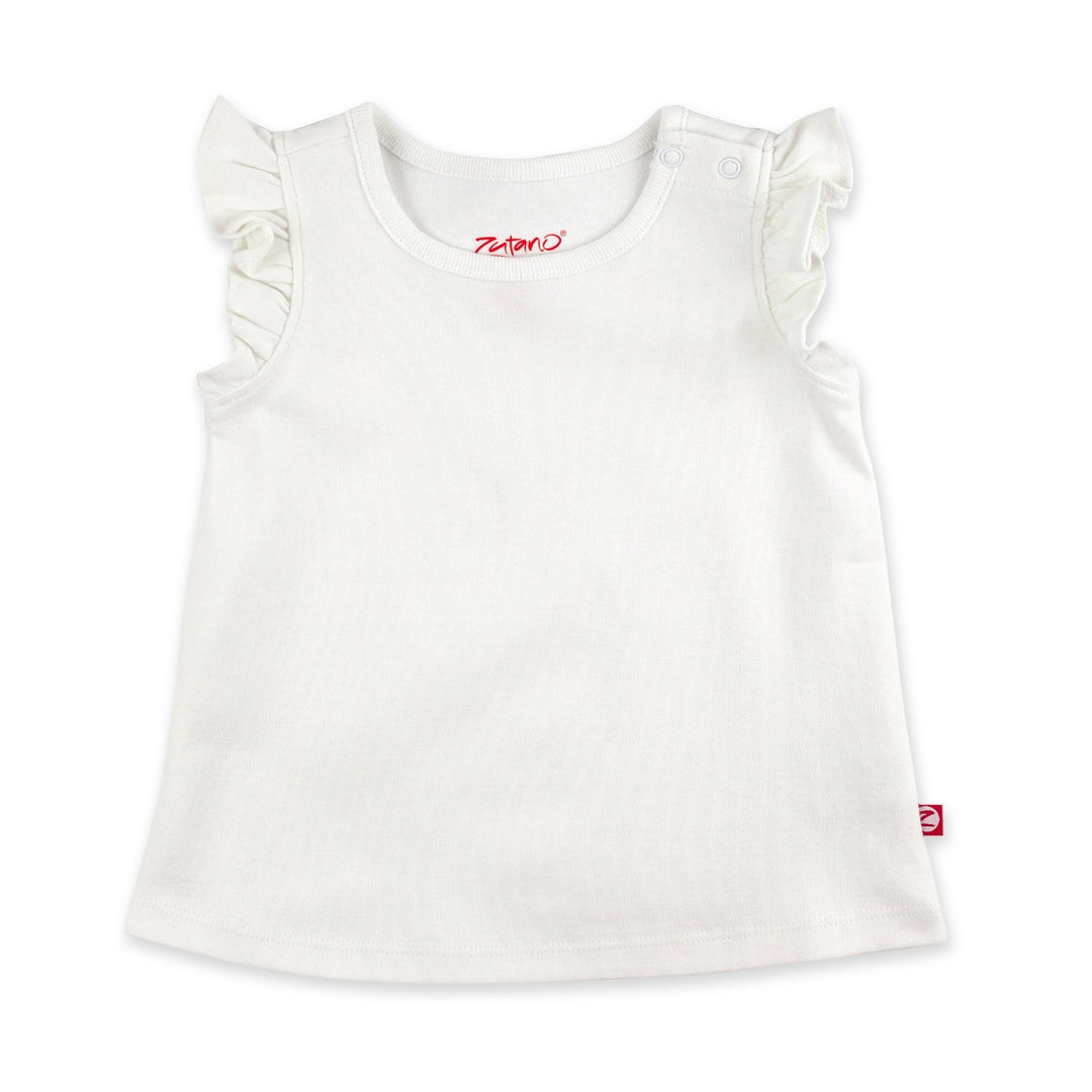A white organic cotton flutter sleeve top for babies with a two snap shoulder opening.