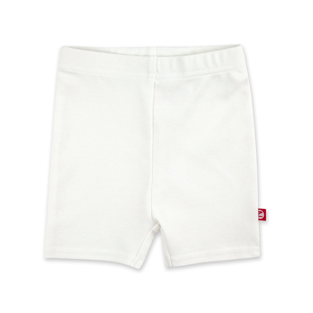White organic cotton bike shorts for babies, with a thick elastic waist band.