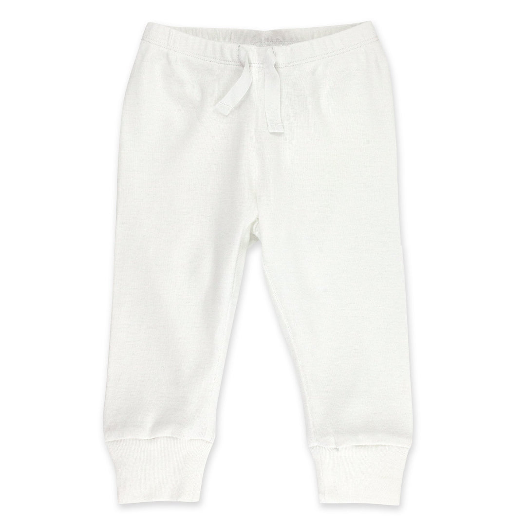 White organic cotton rib jogger pants for babies, with an elastic waistband and soft cuffs.