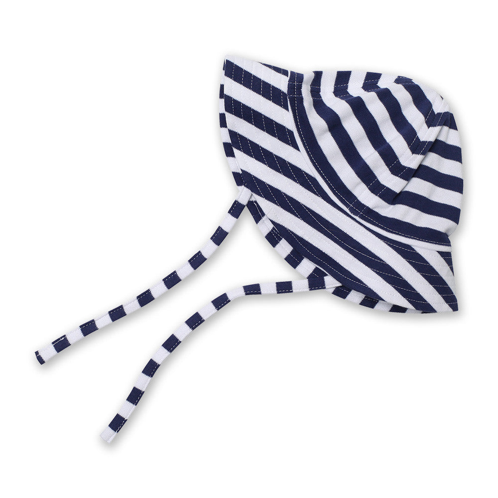 Navy and white striped sun hat with chin ties for babies.
