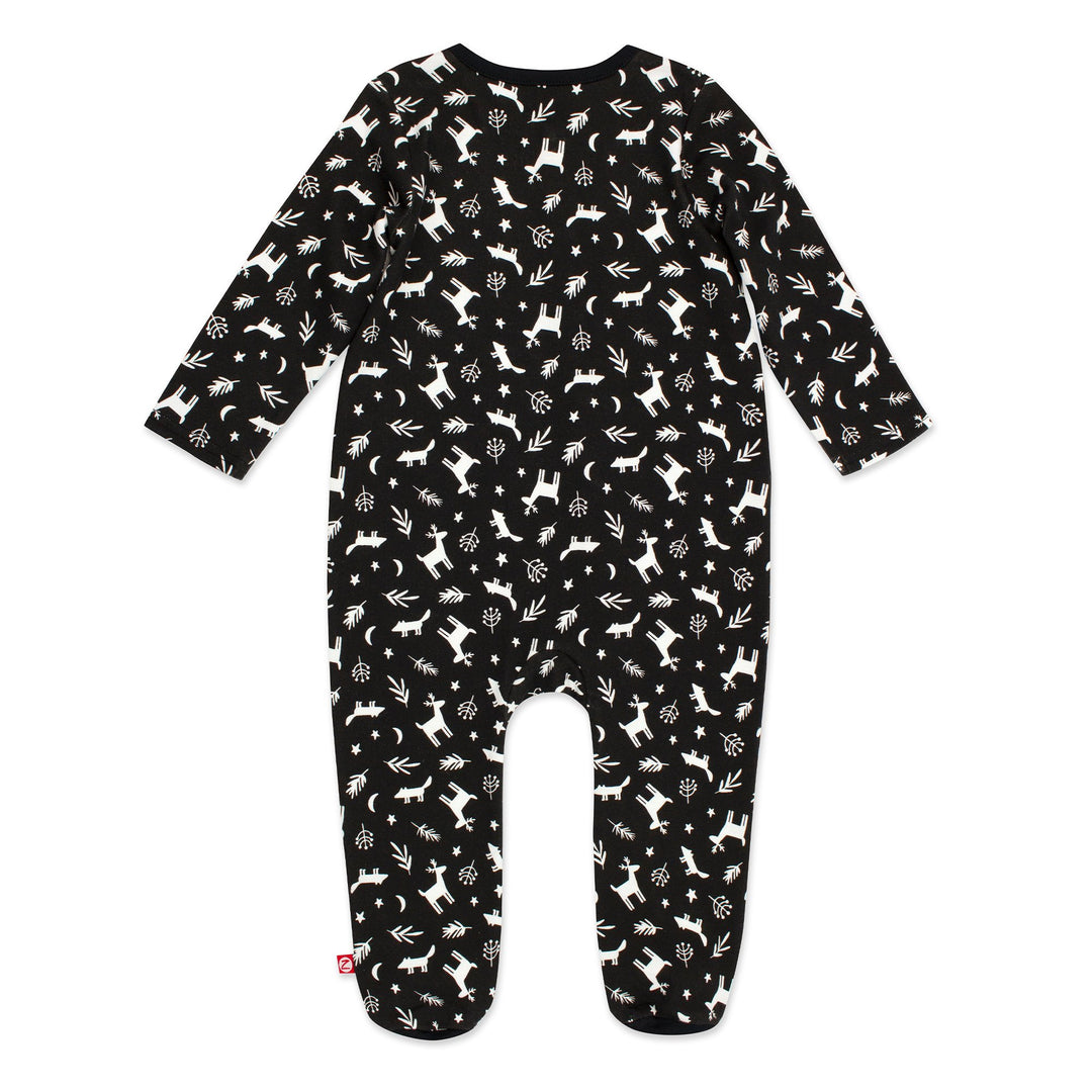 One piece woodland organic cotton footie scratch protection mitts in sizes 3M and 6M.