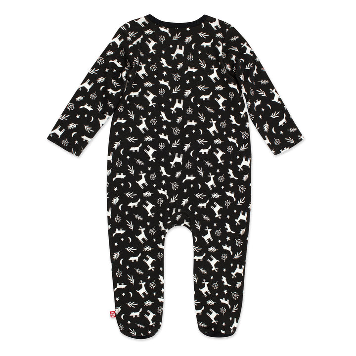 One piece woodland organic cotton footie scratch protection mitts in sizes 3M and 6M.