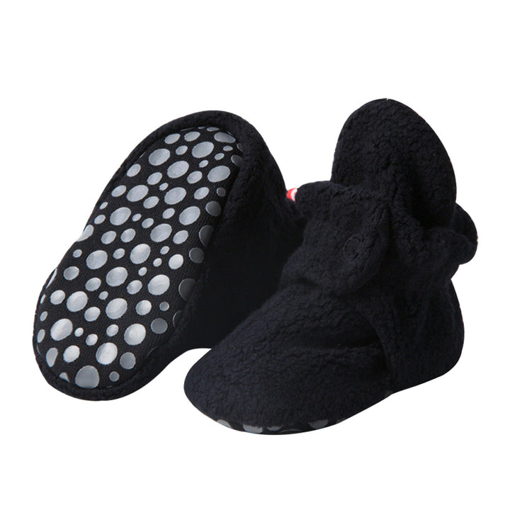 Set of fleece baby booties in black.