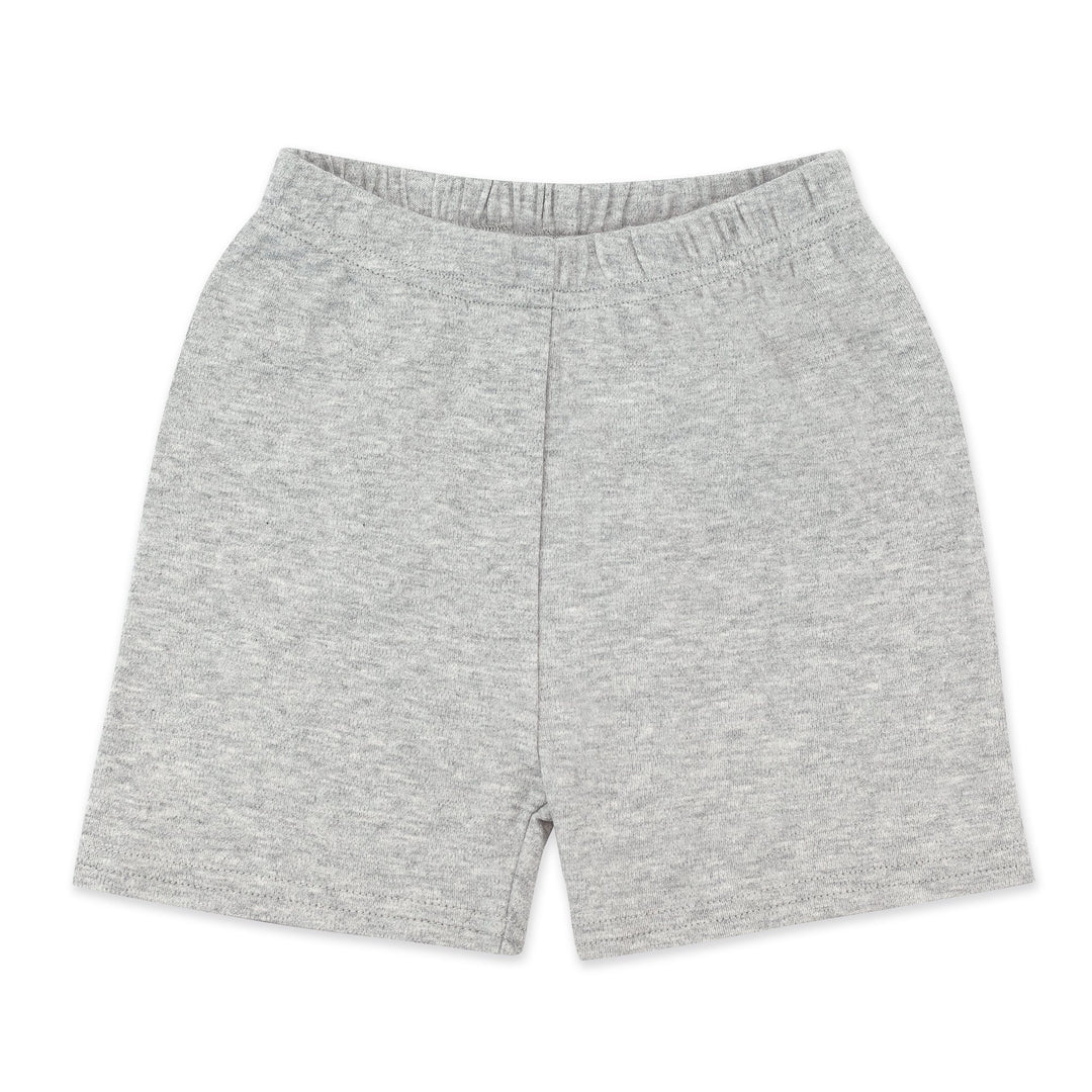 A pair of heather gray organic cotton baby shorts with a elastic waistband.