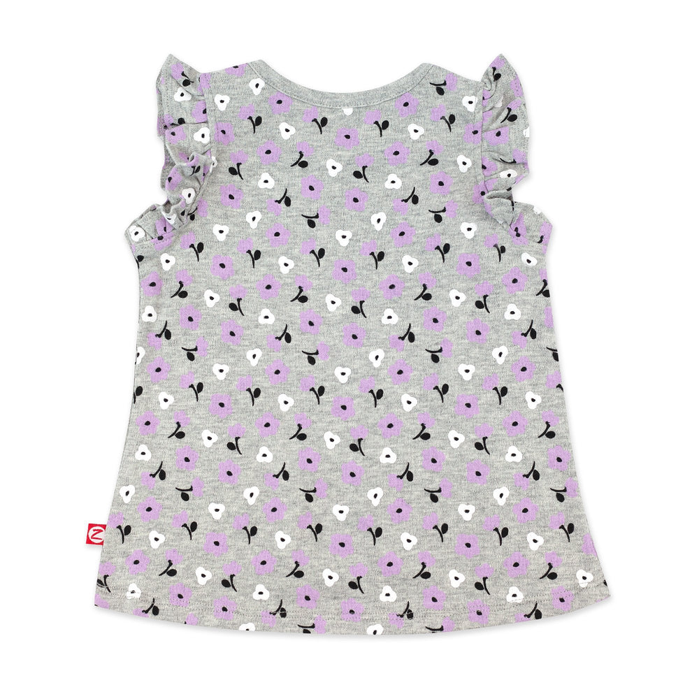 Gray organic cotton flutter sleeve top with a Primrose print.