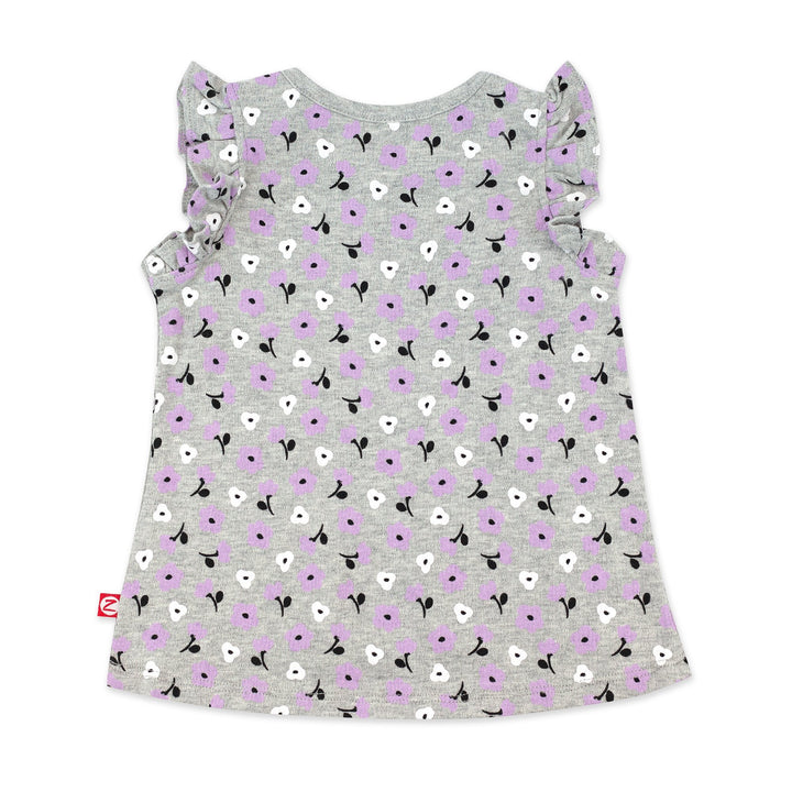 Gray organic cotton flutter sleeve top with a Primrose print.