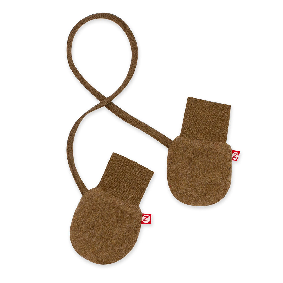 A pair of brown fleece mittens with attached string, designed for infants.