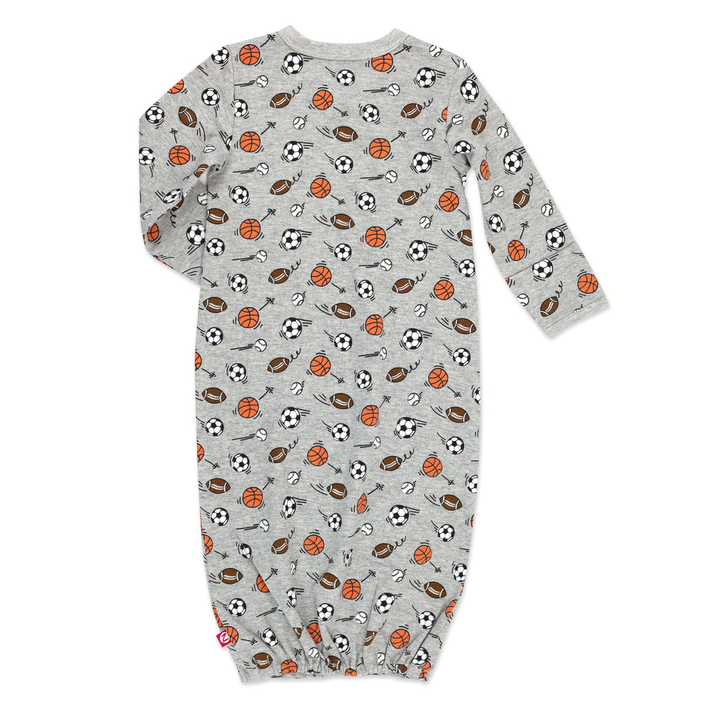 Gray and orange baby kimono gown with a sports-themed print.