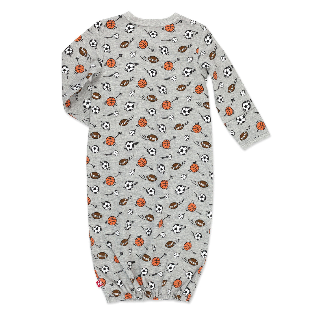 Gray and orange baby kimono gown with a sports-themed print.