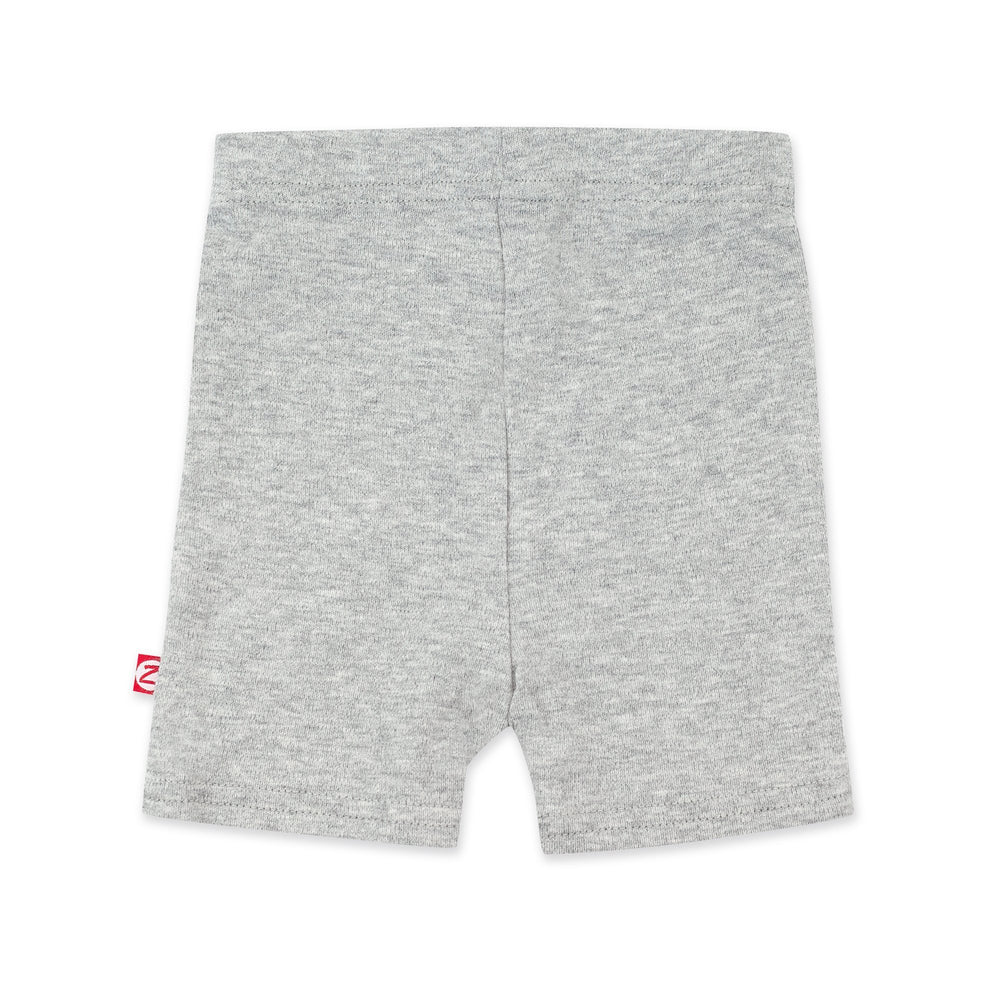 Gray organic cotton bike shorts for babies with a thick elastic waist band.