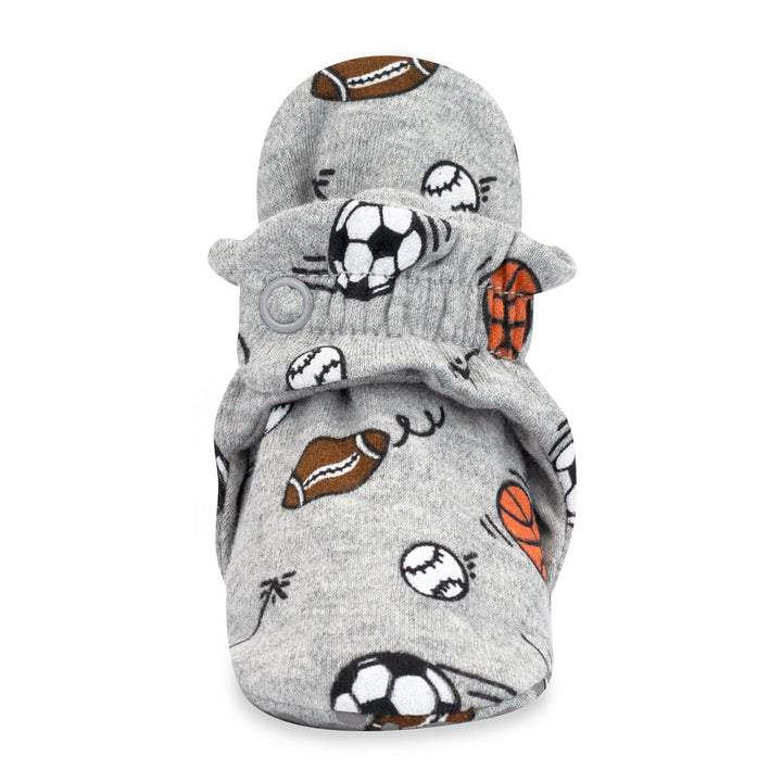 Gray organic cotton gripper baby booties with sports prints.