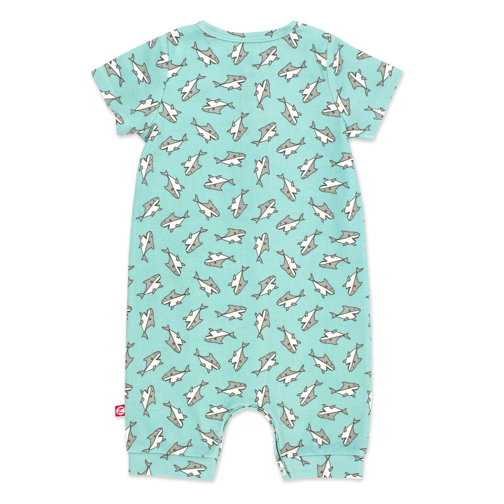 Spring and summer styled henley bodysuit in a fun baby sharks print.