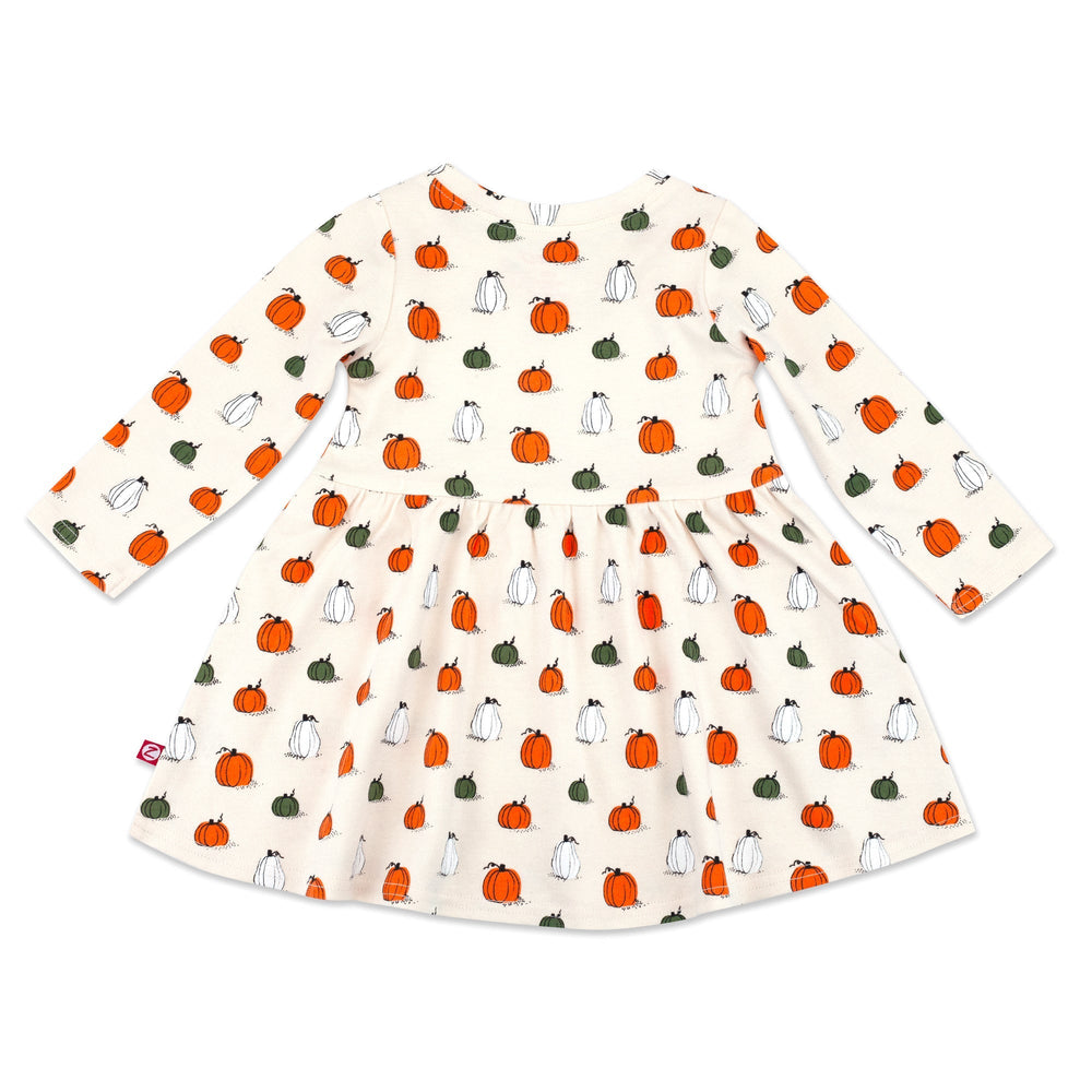 Long sleeve Forever Dress for babies, with a Pumpkin Patch print featuring pumpkins and cats on a white background.