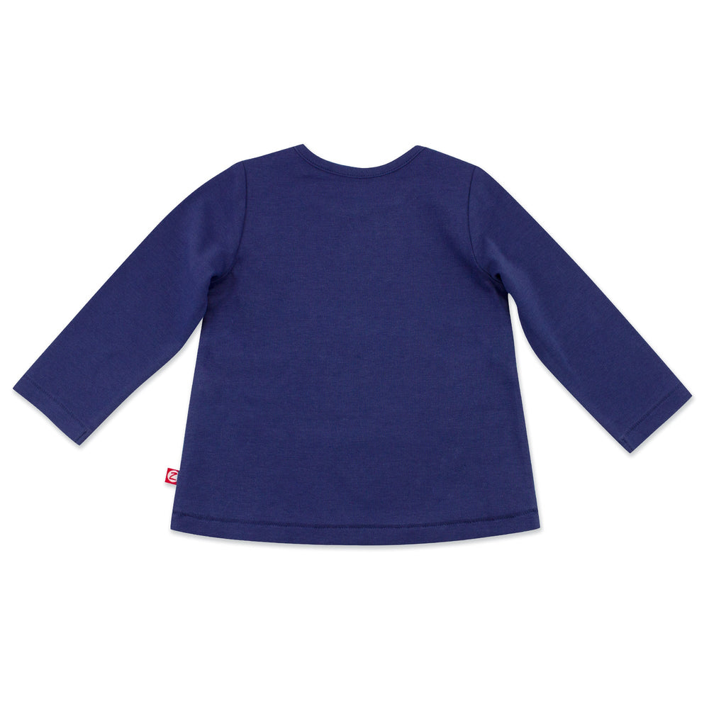 Long sleeve navy baby girl top with a screen printed Christmas tree.