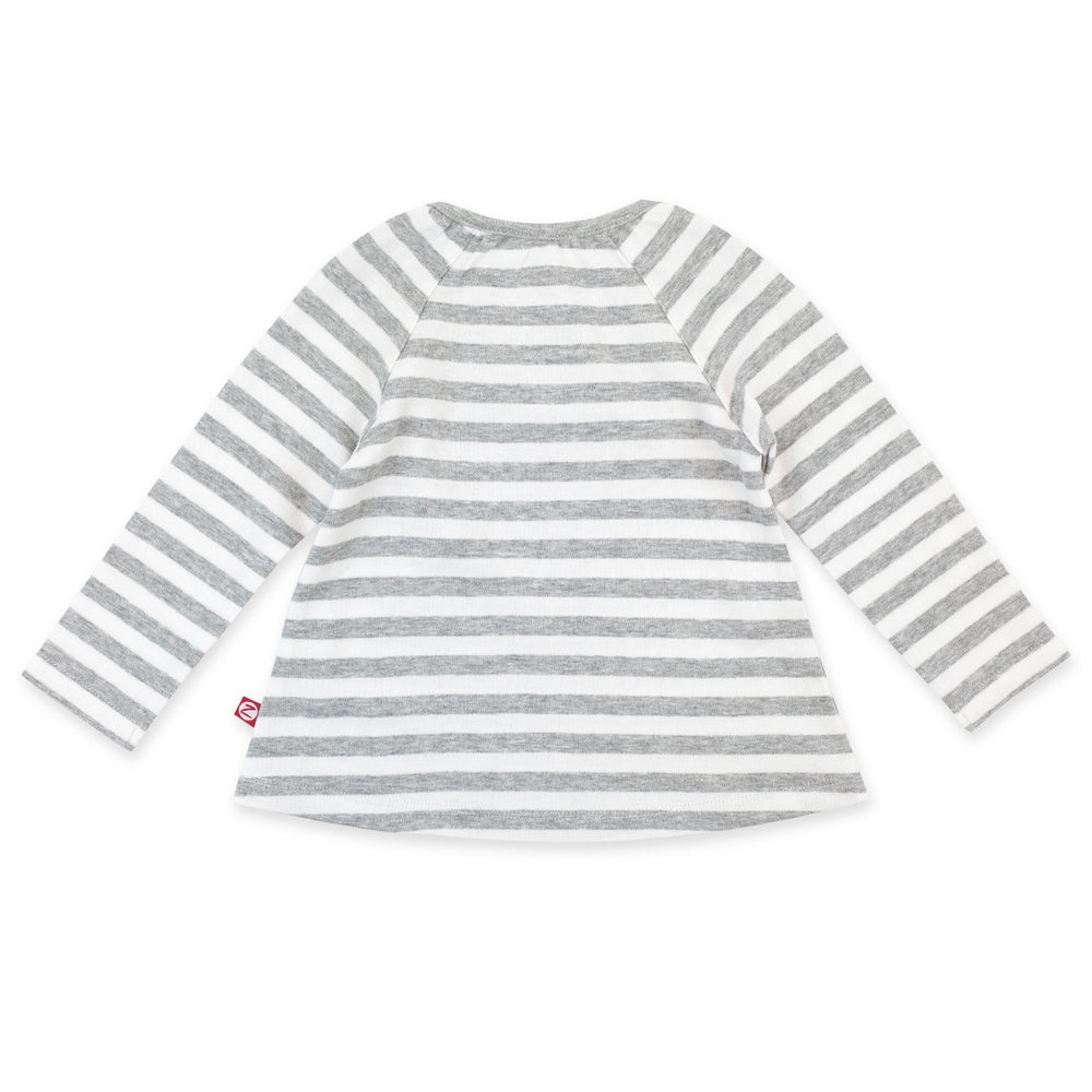 Long sleeve peasant top for babies, featuring heather gray and white horizontal stripes.