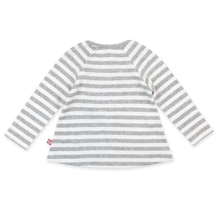 Long sleeve peasant top for babies, featuring heather gray and white horizontal stripes.