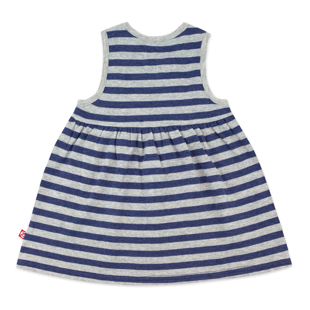 Heather navy and gray striped organic cotton surplice dress.