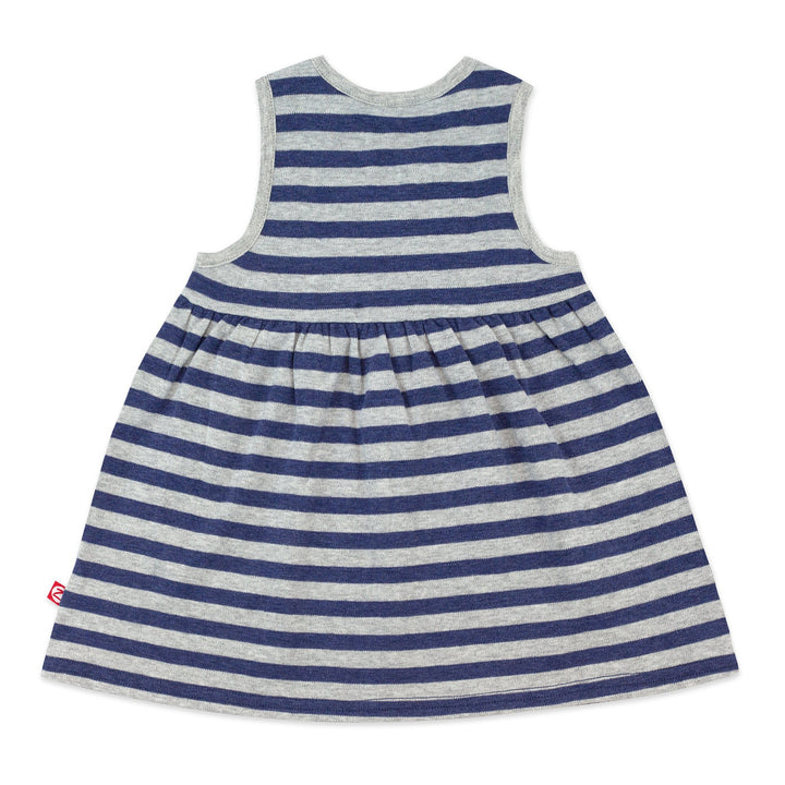 Heather navy and gray striped organic cotton surplice dress.
