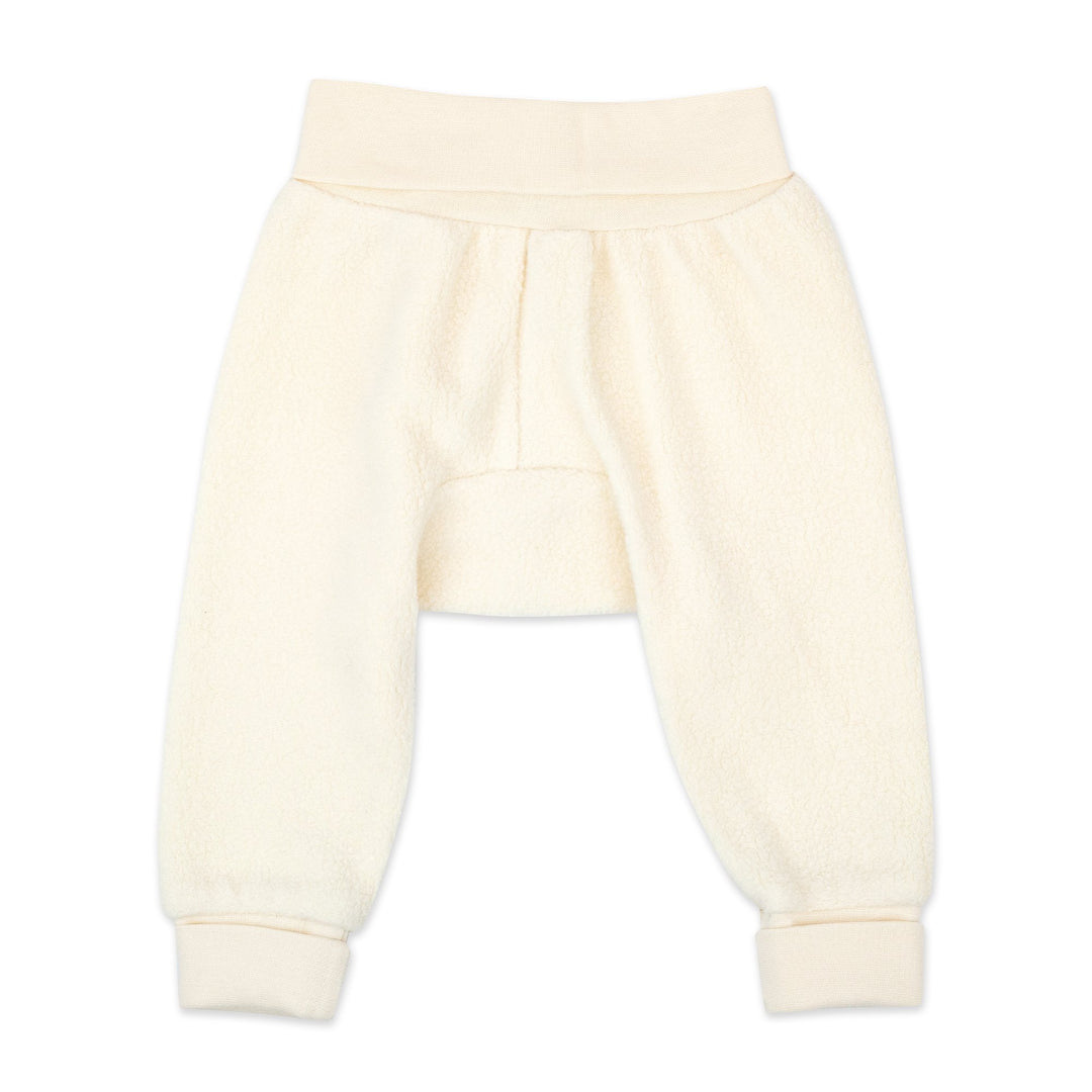 A pair of cream-colored fleece baby cuff pants with a wide rib cotton waistband and cuffs.