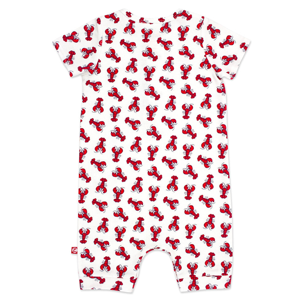 Organic cotton short sleeves henley bodysuit with a lobster print.